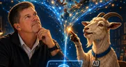 A thoughtful man in glasses and a goat wearing an AI tag, under a web of history's thinkers and landmarks